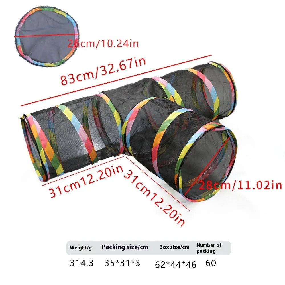 Foldable mesh cat play cage showing interlocking panels in a tunnel configuration.