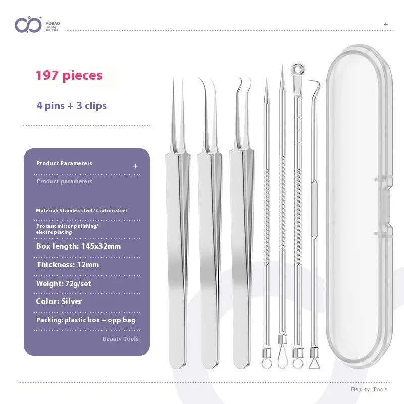 Set of four silver metal acne needles with pointed tips on a white background.