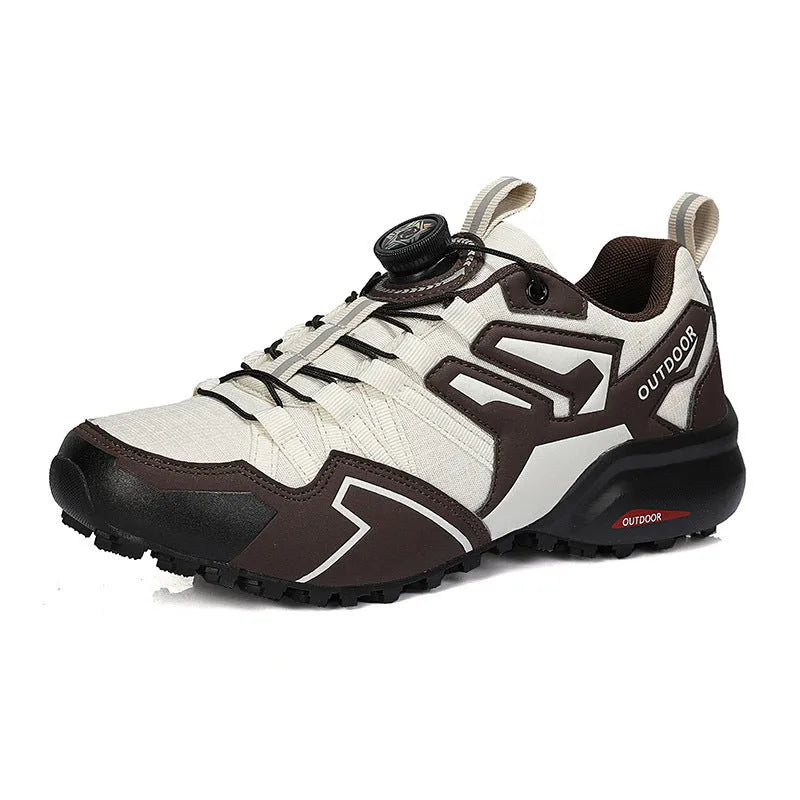 Men's beige hiking shoes with elastic band closure and rubber outsole for off-road use