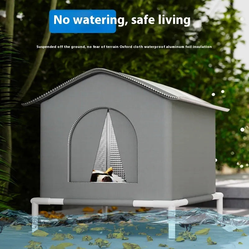 Winter waterproof stray cat nest tent in blue with optional fixed bracket, outdoor use, cloth material.