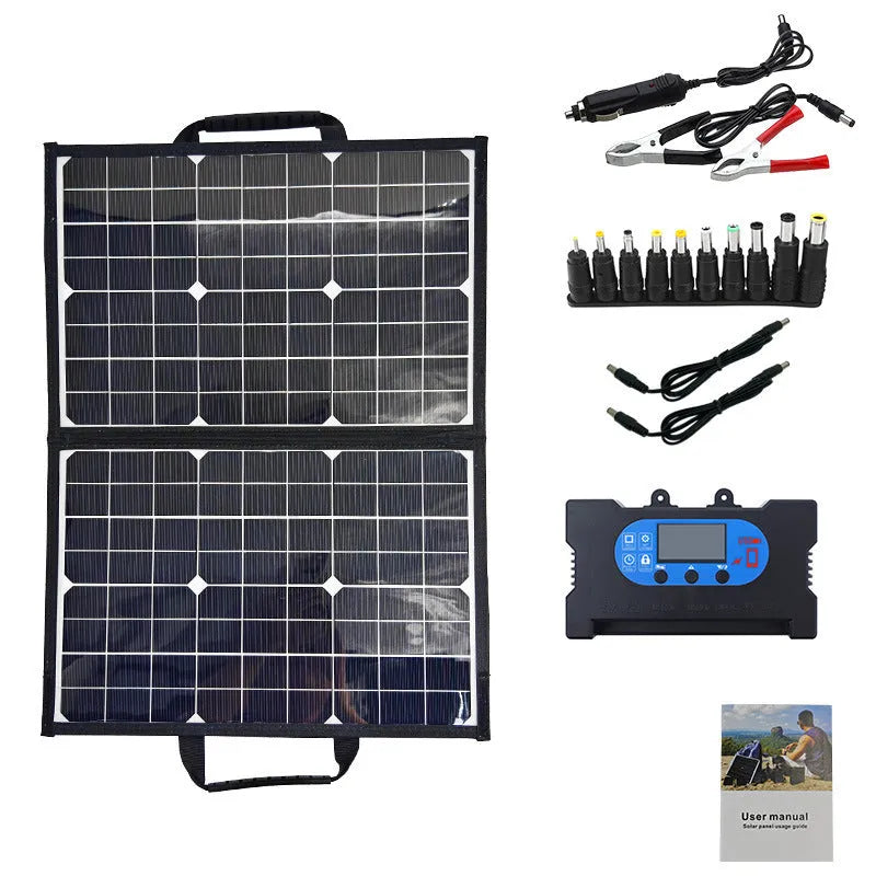 Black 40W monocrystalline solar panel folded in carrying bag showing compact 425mm size