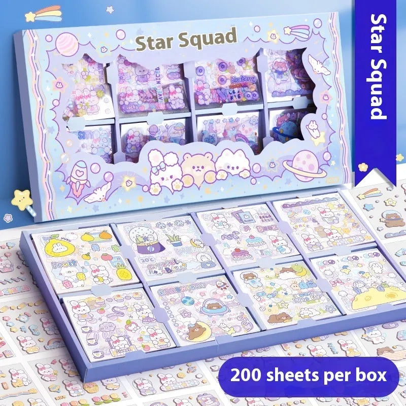Box of children's repositionable stickers in five decorative themes for creative play