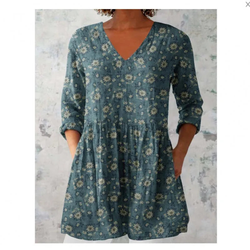 Women's printed wave pattern loose dress with 3/4 sleeves and wide waist design in various colour options