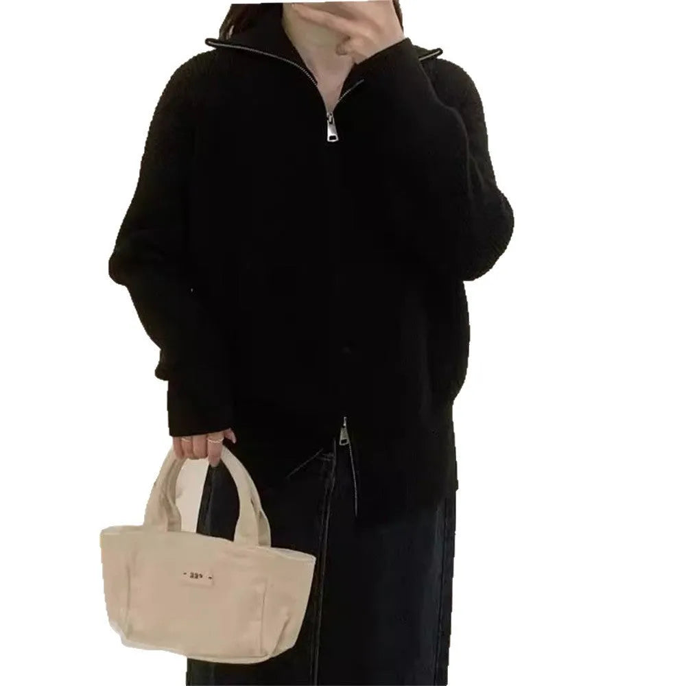 Hong Kong style floral patterned double zipper knitted cardigan in loose fit