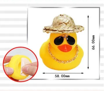 Yellow cartoon duck car ornament with straw hat and adhesive mounting kit