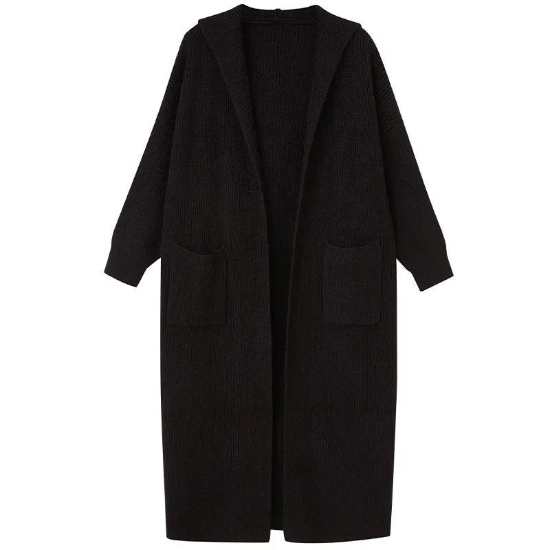 Women's long grey knitted cardigan hooded trench coat on a hanger.