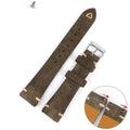 Genuine suede leather watch strap in brown, blue, gray, and Army Green colours showing 20mm and 22mm width options