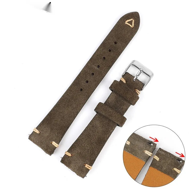 Genuine suede leather watch strap in brown, blue, gray, and Army Green colours showing 20mm and 22mm width options