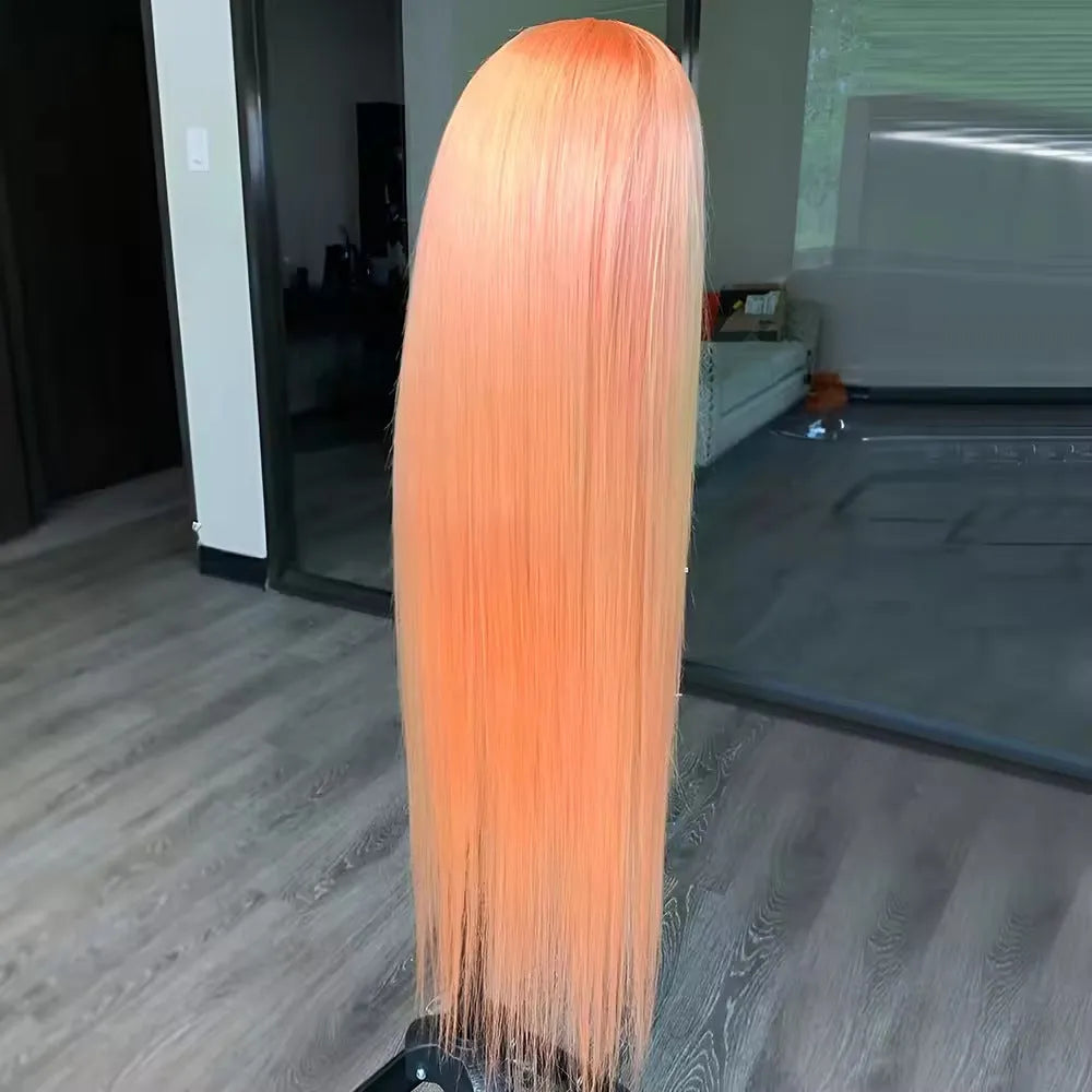 Light orange long straight front lace wig with side bangs on a mannequin head