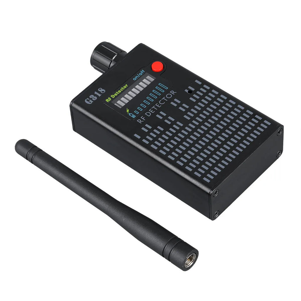 Black G318 aluminium alloy hidden camera detector for anti-theft and anti-monitoring in public places.