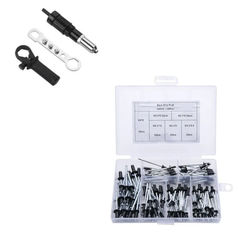 Black metal electric drill rivet gun conversion tool with 173mm alloy steel head and adapter