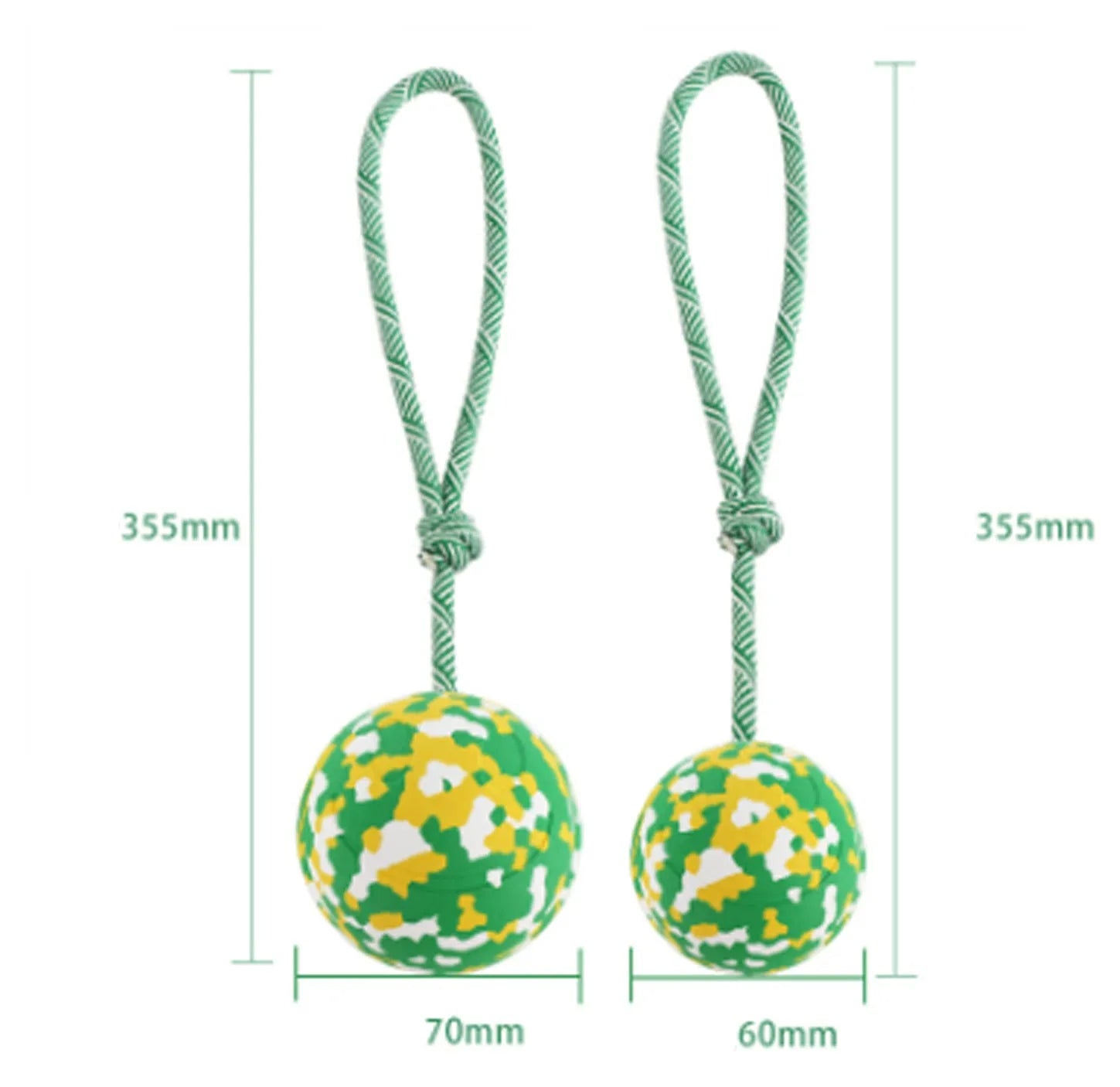 Natural rubber dog ball attached to nylon rope toy in two sizes for medium and small dogs