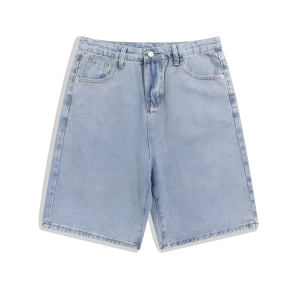 Men's light blue denim casual shorts with five pockets and straight leg on a white background.