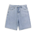 Men's light blue denim casual shorts with five pockets and straight leg on a white background.
