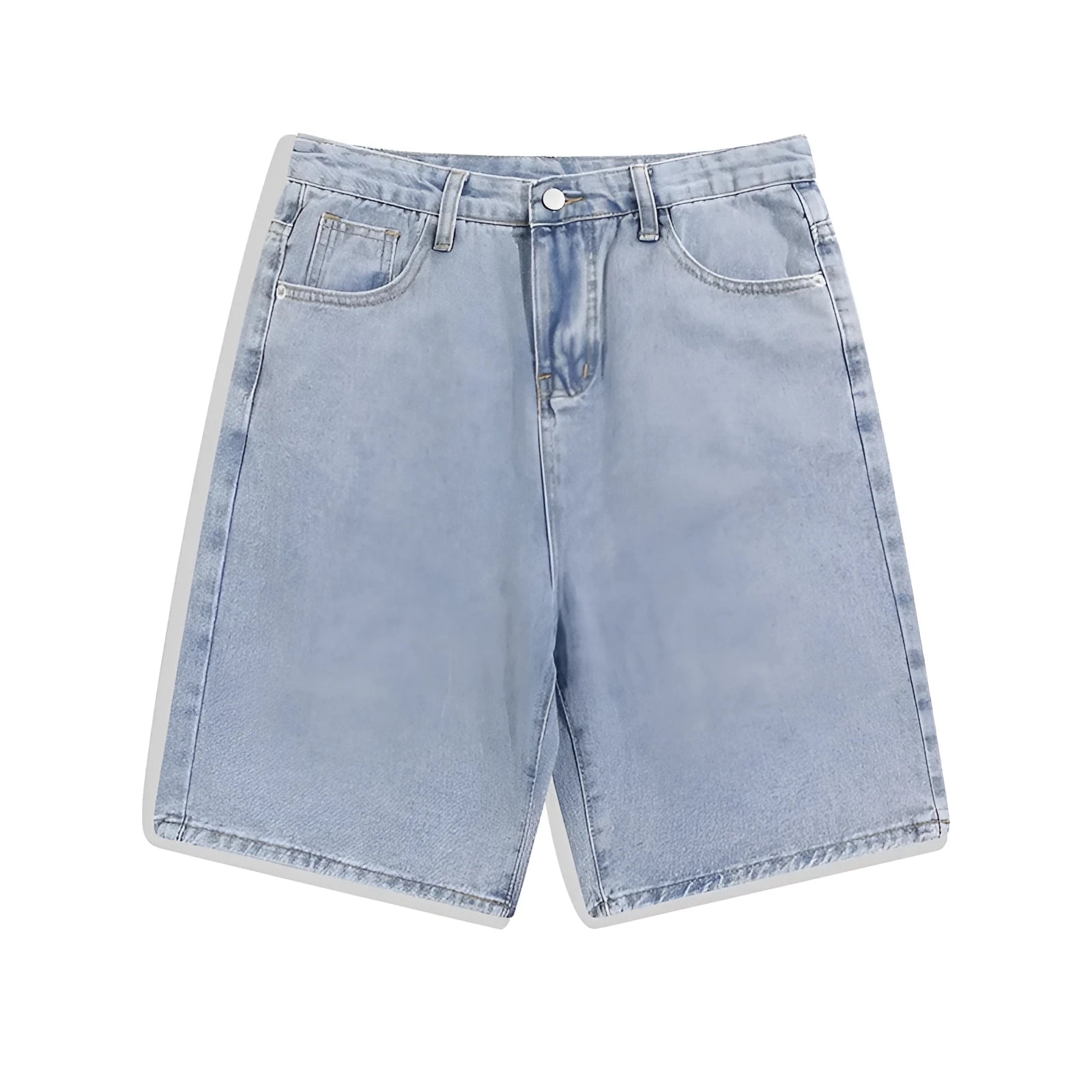 Men's light blue denim casual shorts with five pockets and straight leg on a white background.