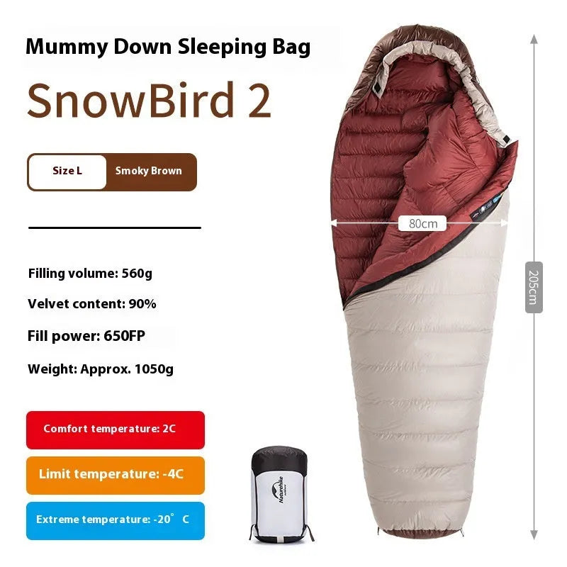 Goose down mummy-style sleeping bag in a storage bag, showing size and fill weight options.