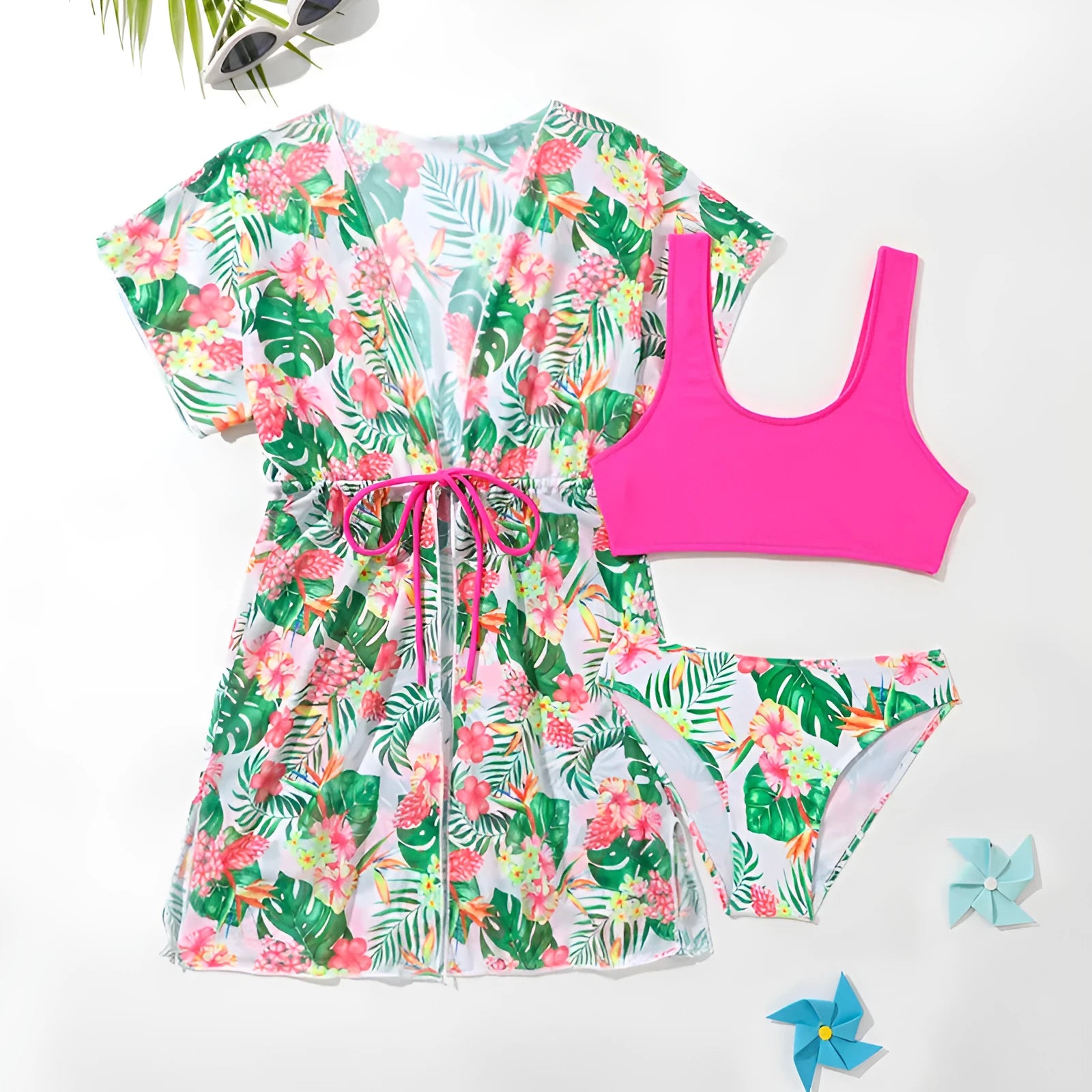 Girls' two-piece swimsuit with floral pattern, briefs style, for swimming and wading sports