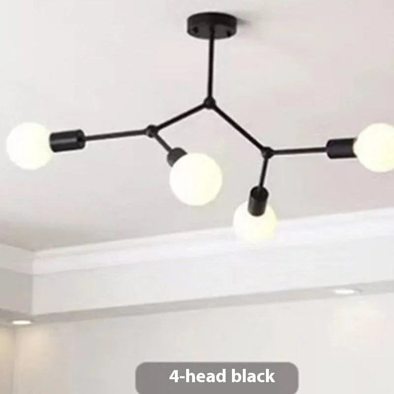 Iron Nordic style ceiling chandelier with multiple light heads in black or white finish