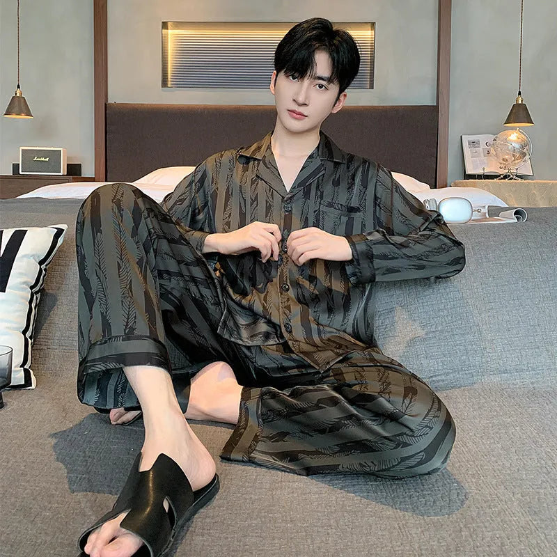 Men's black stripes ice silk pajama set with V-neck top and trousers