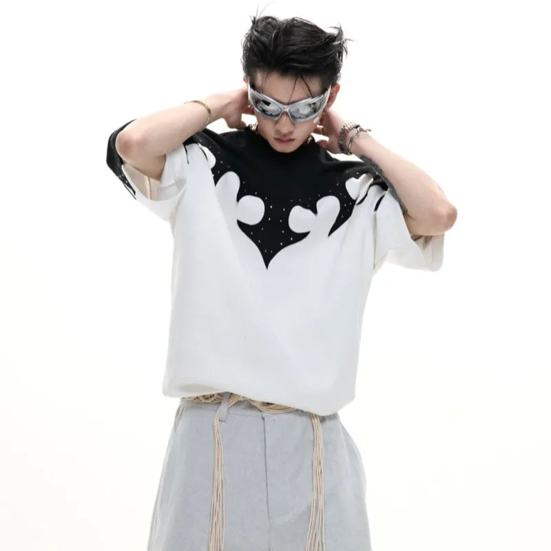 Men's cotton shirt with burnt flower stitching and rhinestone detailing in red, white, and grey colours