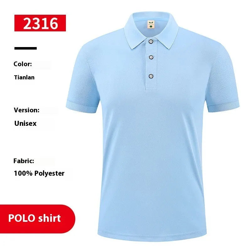 Men's short sleeve pullover polo shirt on a hanger, shown in multiple colours including white, black, and red.