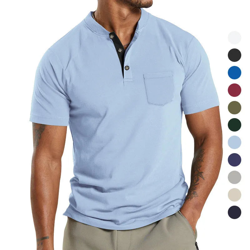 Plus size man wearing a light grey short sleeve casual shirt with a button chest pocket.