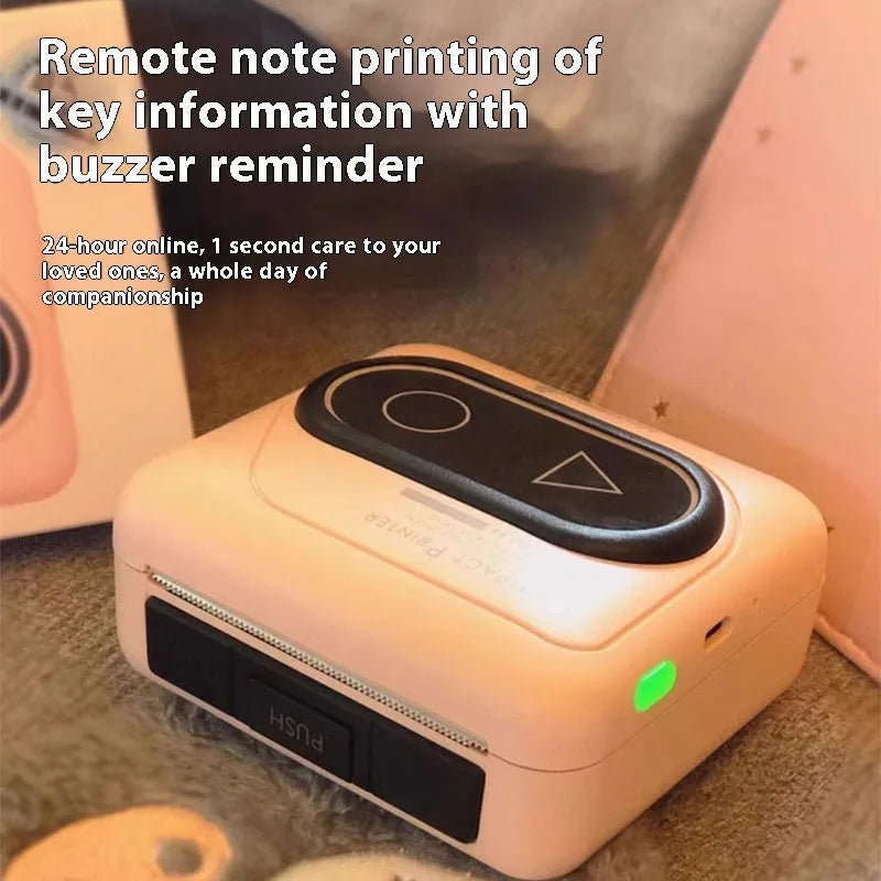 Bluetooth thermal mini printer in avocado green, pink, small yellow duck, or white colours with dimensions 87x79x39mm