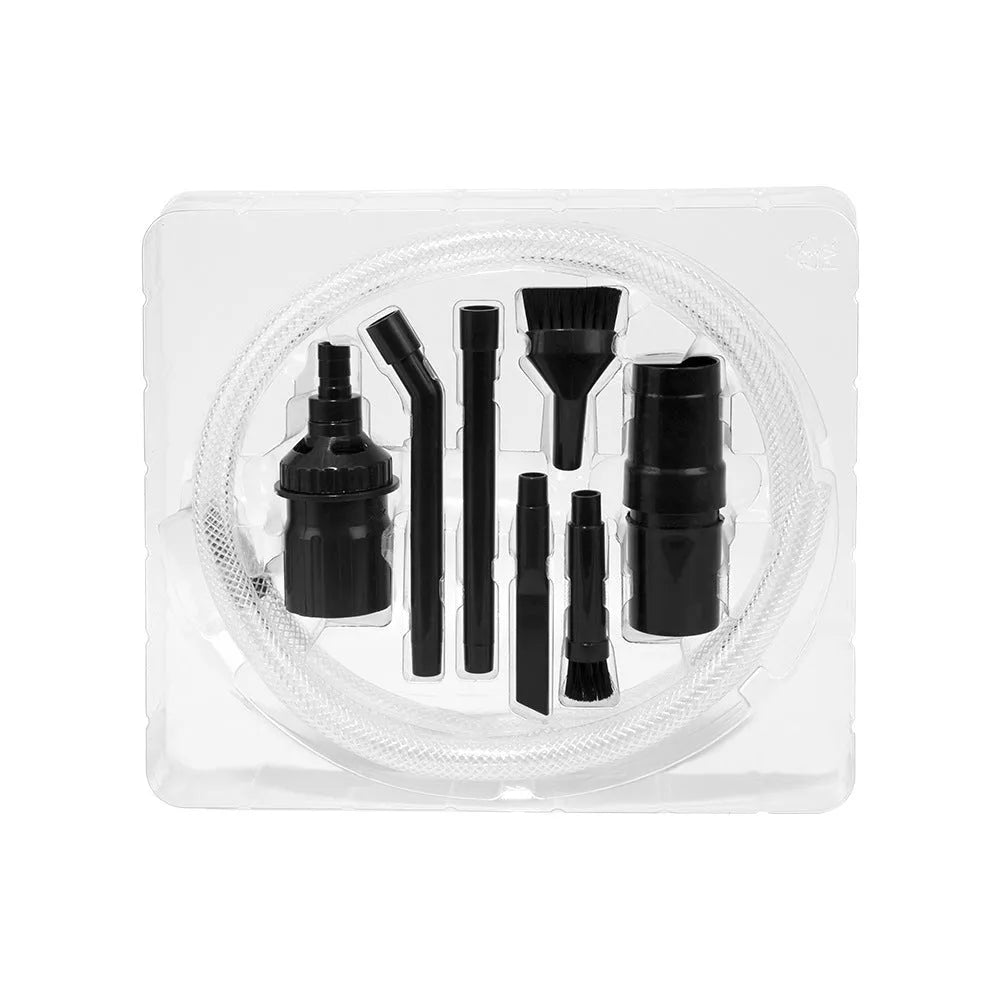 Eight-piece vacuum cleaner accessory set with small suction heads for confined space cleaning