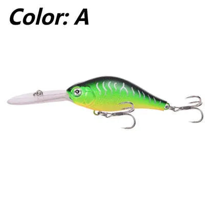 Mino fishing lure with deep diving long tongue board, 10.5cm length, 15g weight, five colour options