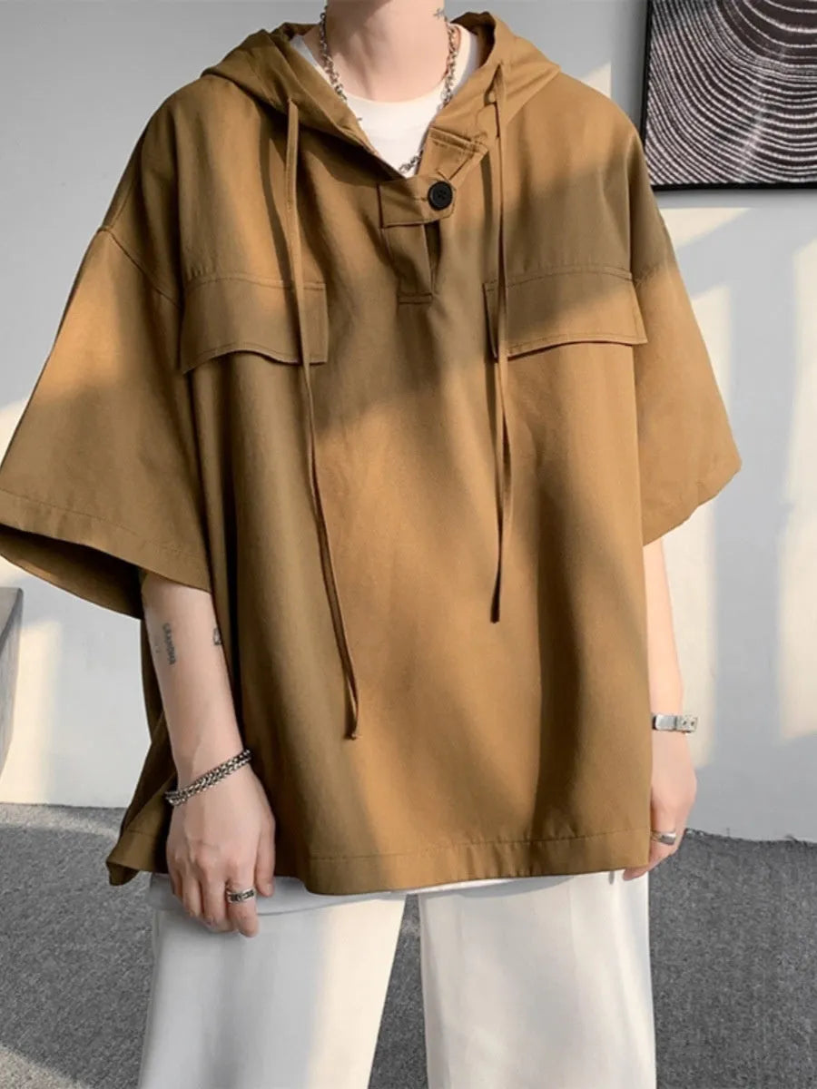 Men's hooded short sleeve t-shirt in loose fit polyester fabric for summer wear