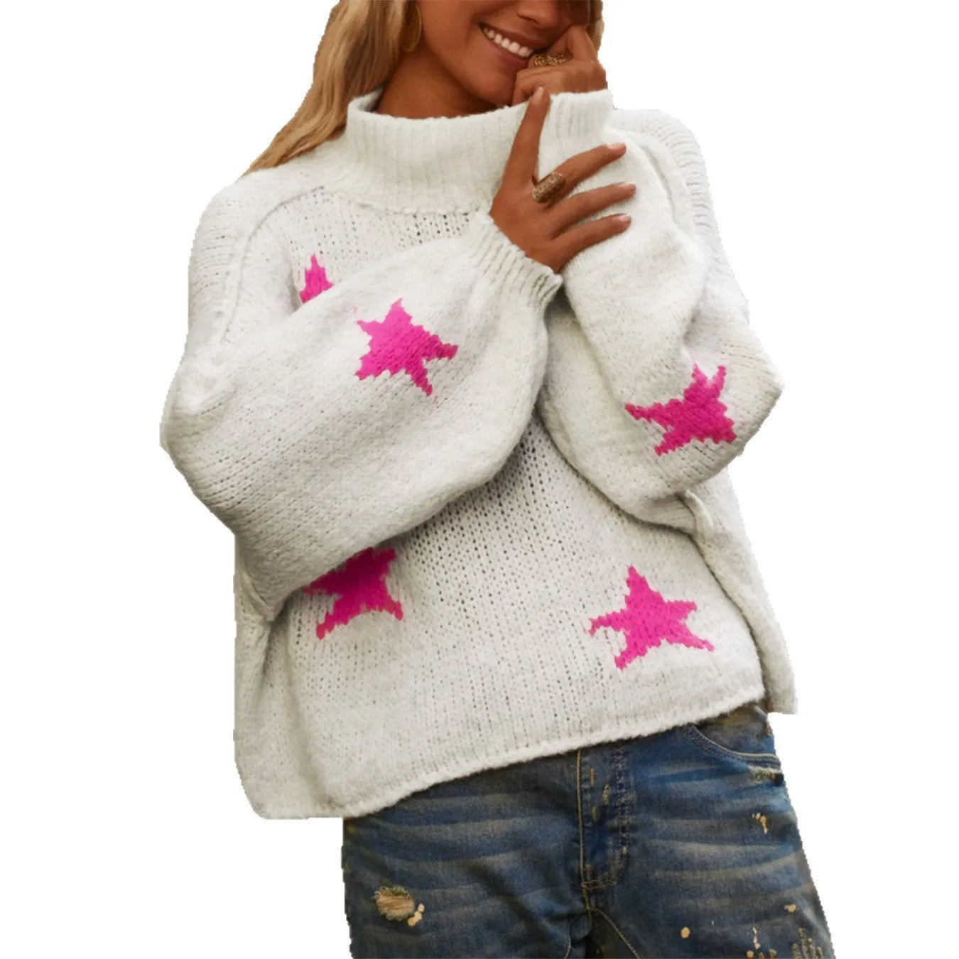 White women's loose fit turtleneck pullover with five-pointed star pattern detail