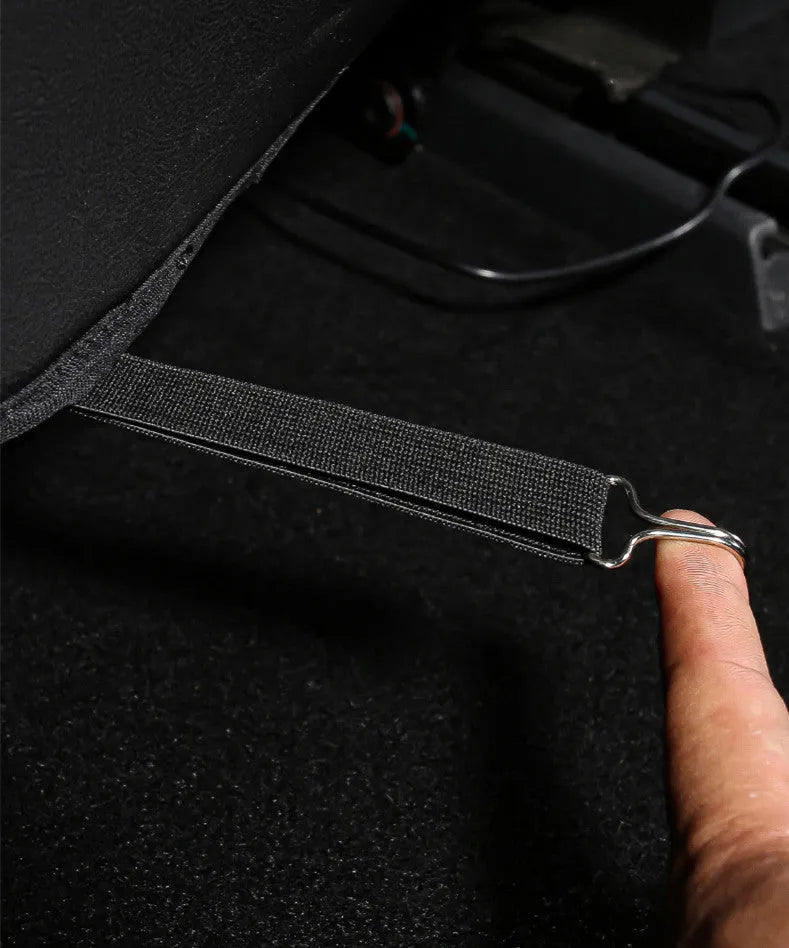 Set of two black leather anti kick pads for car rear seats, shown with dimensions.