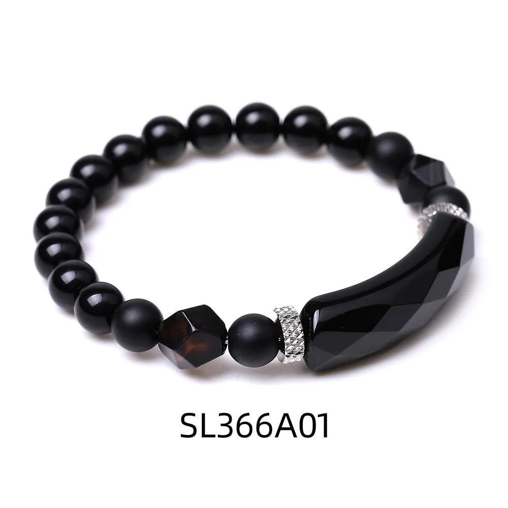 Black agate diamond-cut bracelet with geometric fan-shaped beads, handmade unisex jewellery