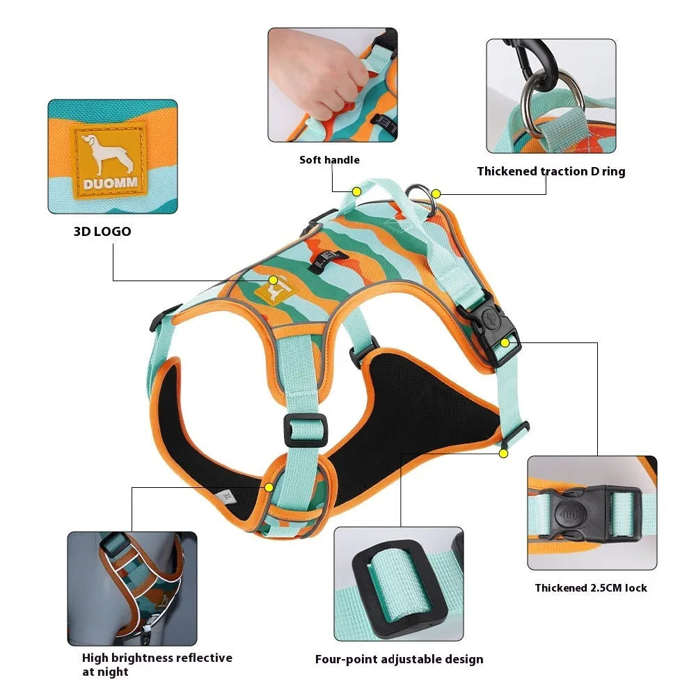 Orange reflective dog harness and lead with a chest and back design for secure walking control.