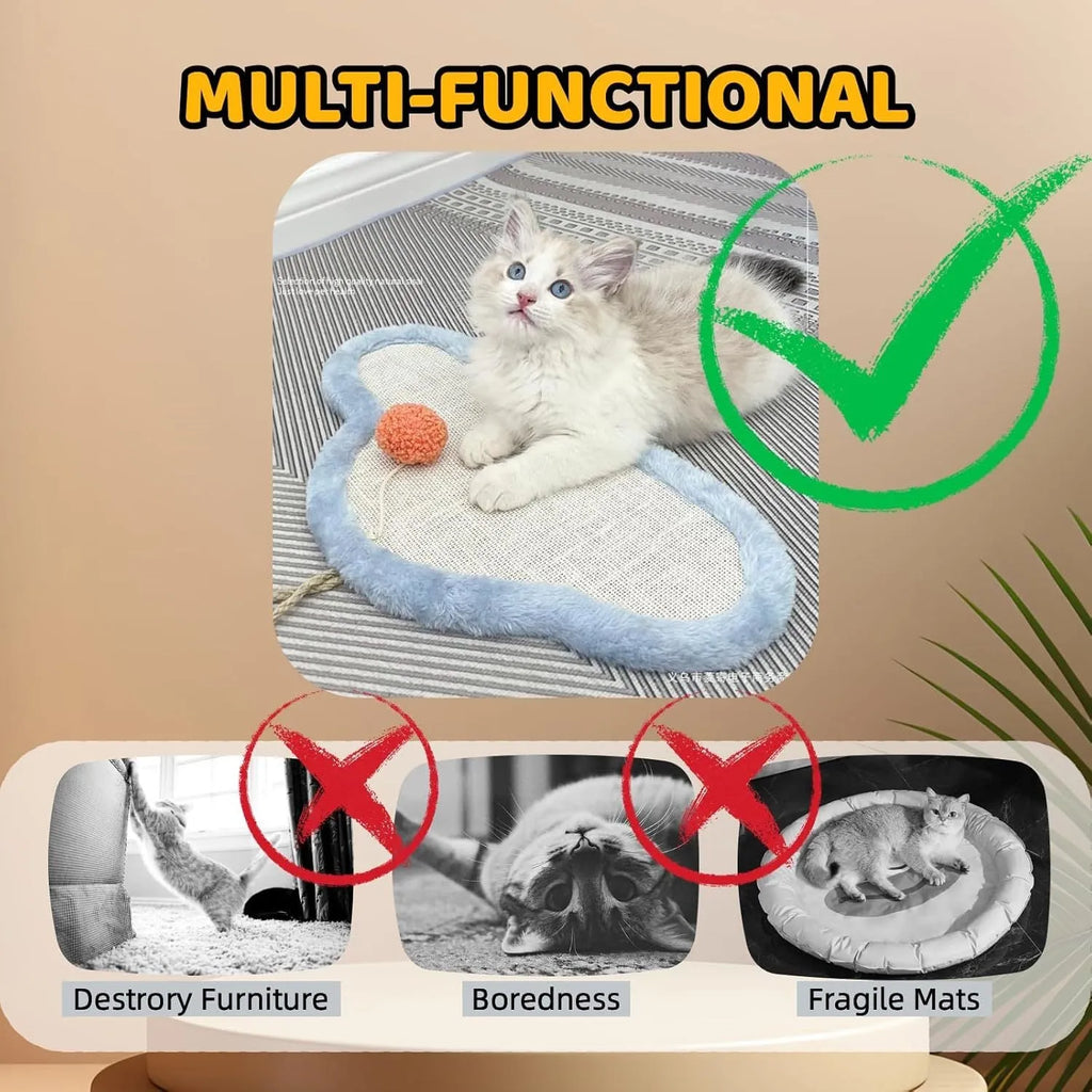 White wall-mounted cat scratching mat with a cartoon sleeping cat design, made from natural sisal.