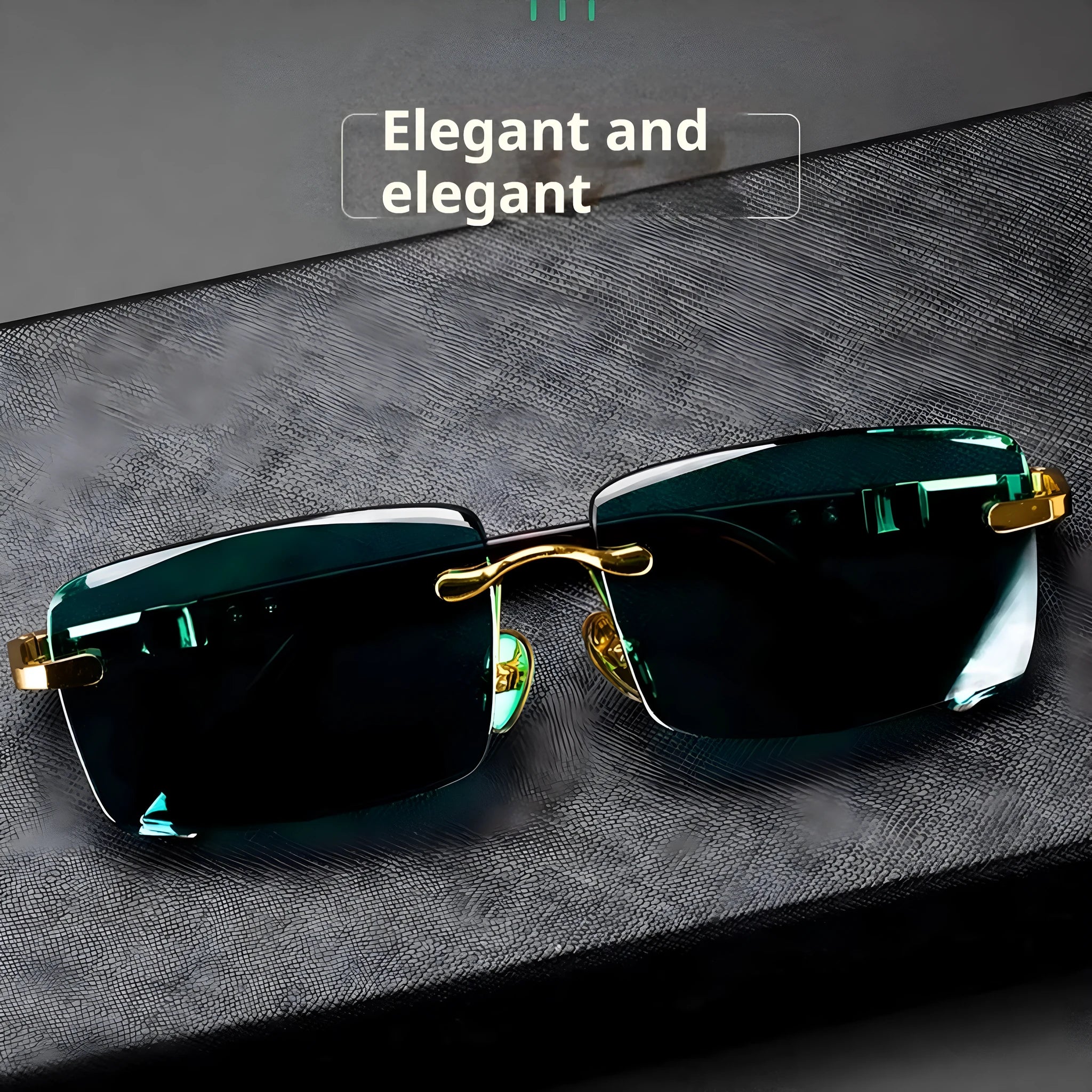 Dark green frameless crystal sunglasses with case and cleaning cloth on a solid background.