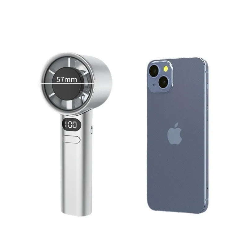 Handheld personal fan showing variable speed control, USB charging port, and plastic blades in one of four colour options