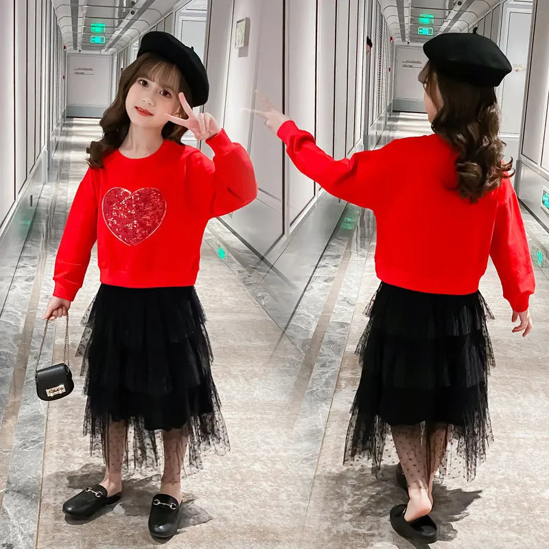 Girl's Sequin Love pullover two-piece cotton skirt set in white and red, suitable for height 110cm to 160cm