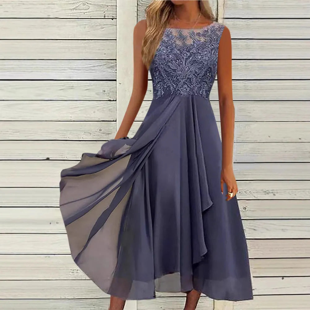 Women's sleeveless chiffon dress with hollow-out lace stitching detail in princess style