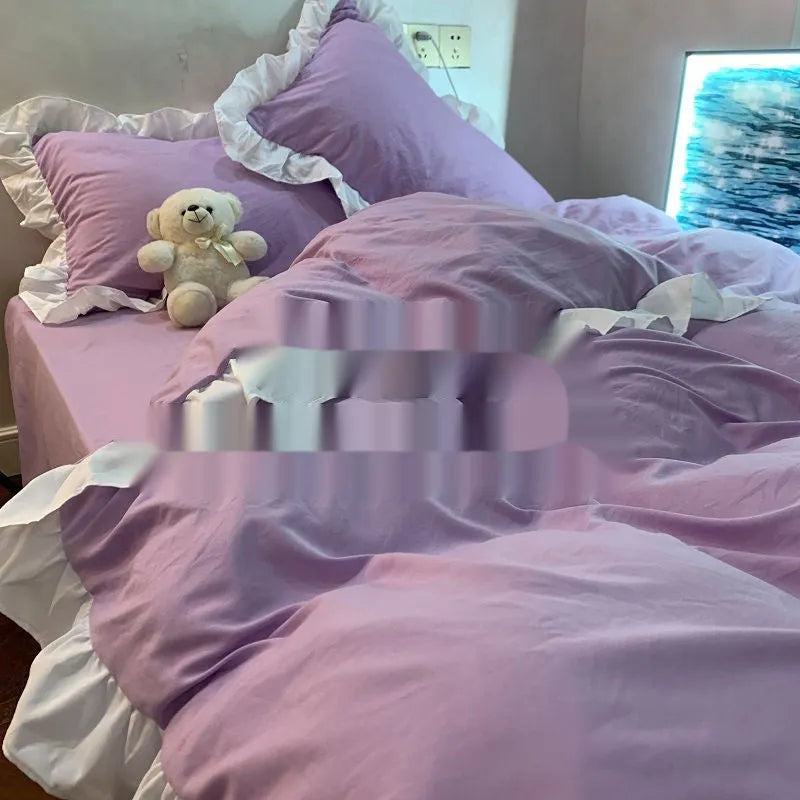 Mori style washed cotton four-piece bedding set in a solid colour lace shade, showing quilt cover and pillowcases.