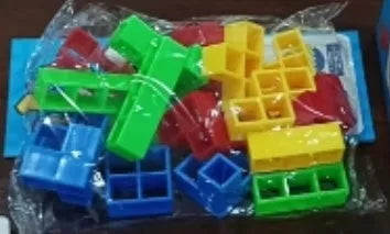 Colourful plastic balance stacking game with 16 blocks, chassis and base for family play
