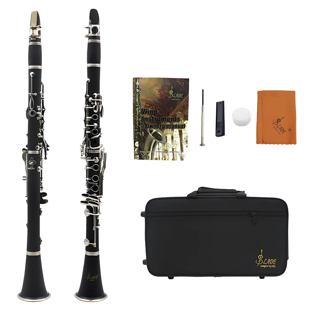 Black Bakelite beginner clarinet with nickel-plated 17-key mechanism and included carrying bag.