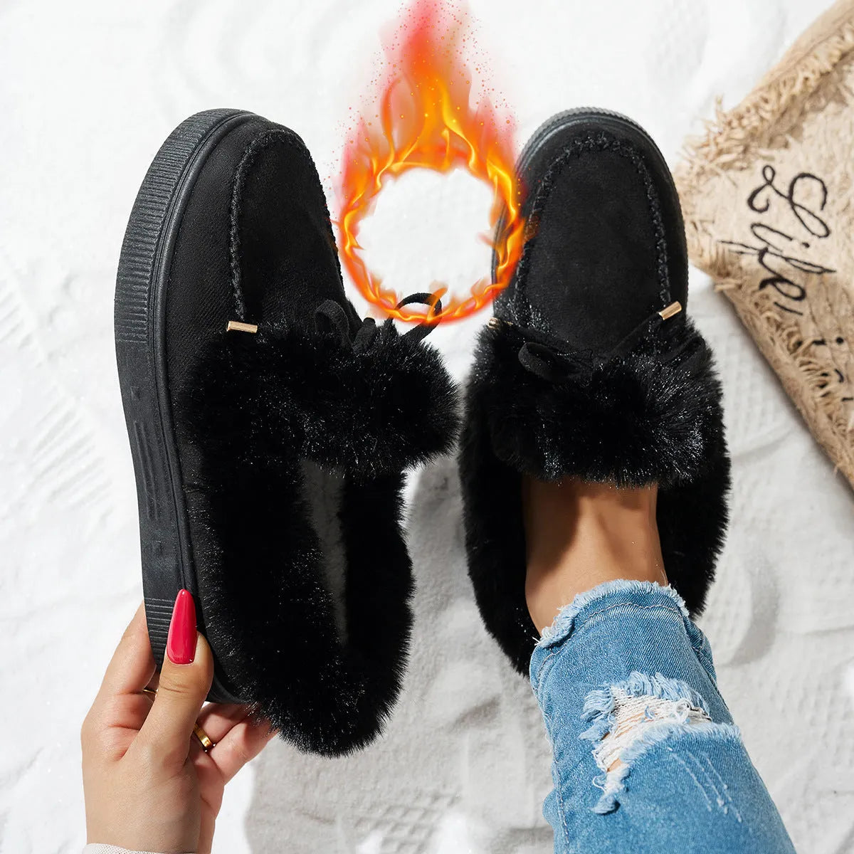 Plus size women's suede snow boots with thick platform sole and velvet padding, available in six colours including black and wine red
