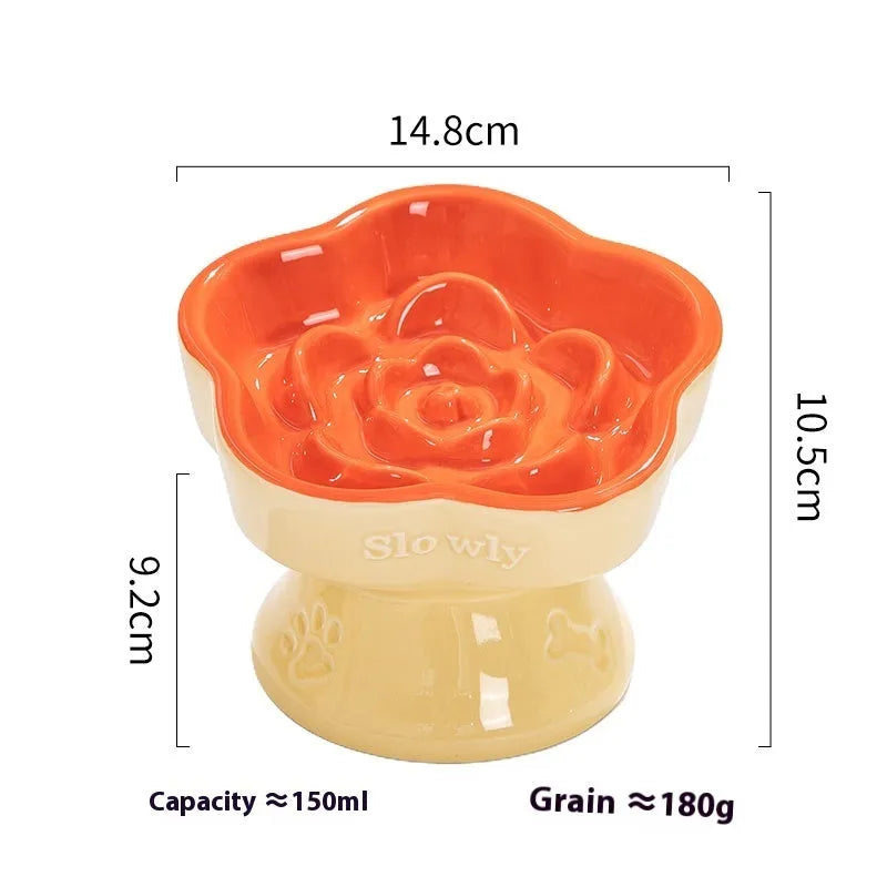 A white ceramic pet bowl with a high foot and raised neck protector to prevent tipping.