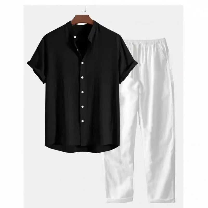Men's loose fit casual short sleeve shirt and trousers set in linen-look fabric