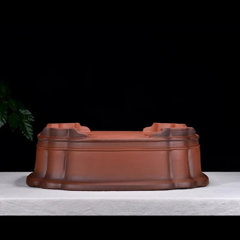 Large antique finish purple clay flower pot with Chinese styling, dimensions 71cm long by 54cm wide