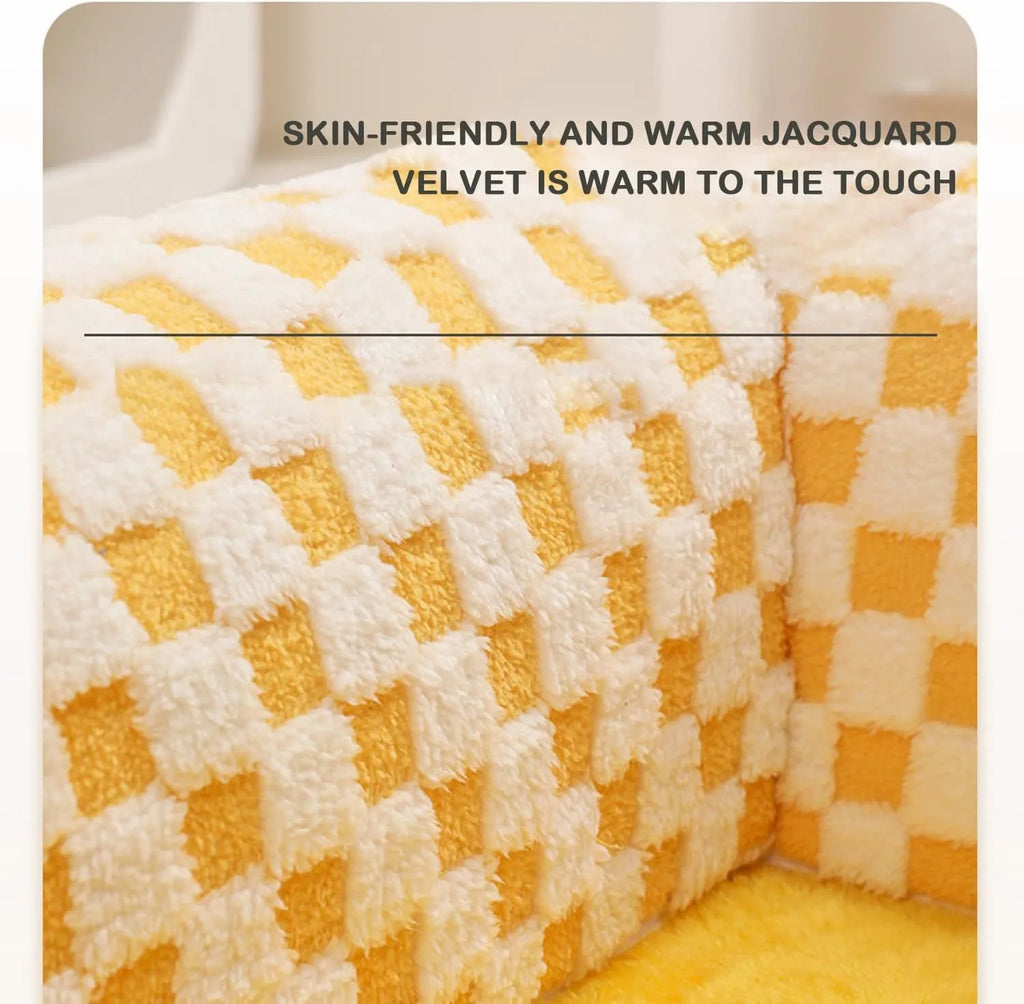 XL coffee coloured plush fan-shaped pet bed with a tunnel for dogs and cats on a wooden floor.