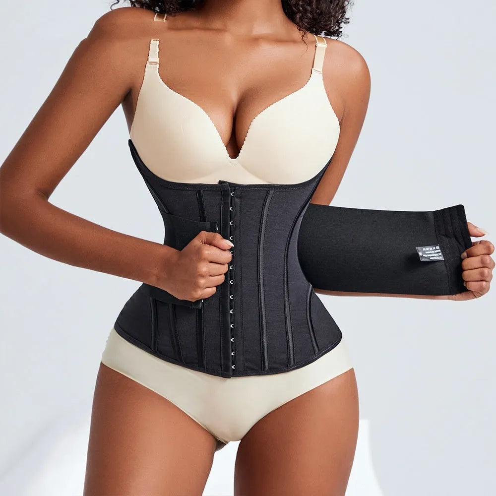 Nylon fitness belly band for waist training and tummy slimming in black or apricot colour