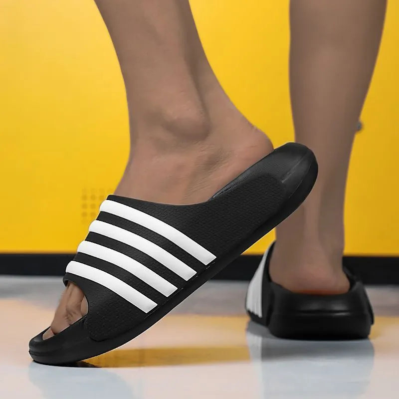 Casual EVA slippers with PVC upper in beige, black and white, blue and white, and green colour options