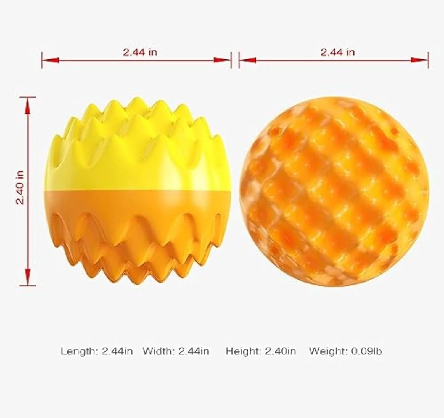 Blue and orange durable rubber squeaky dog ball with texture bumps for teeth cleaning.